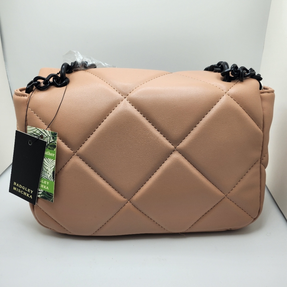 Badgley Mischka | Peach Creme & Black Diamond-Quilted Logo Messenger Bag - Picture 3 of 8